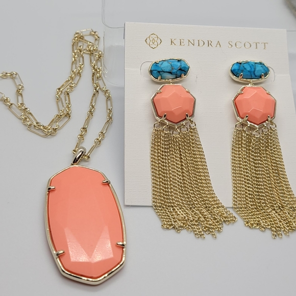 CUSTOM KENDRA SCOTT NECKLACE BRONZE VEINED TURQUOISE & NWT BRIGHT CORAL NECKLACE - Picture 10 of 11